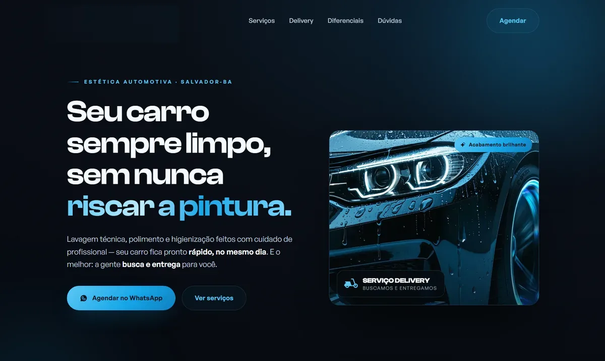 Site de estética automotiva feito pela Nebula
